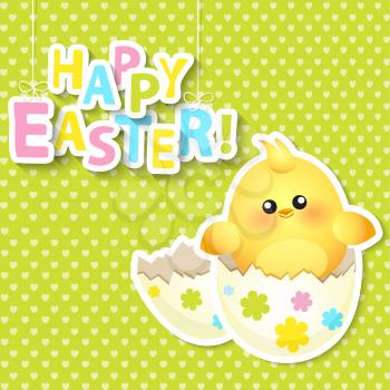 Happy Easter Greeting Card with Cartoon Egg and chicken on the colorful background, vector.