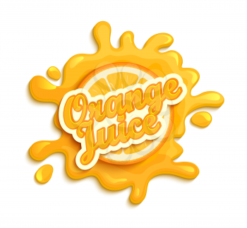 Orange juice label splash. Blot and lettering with ribbon on white background. Splash and blot design, shape creative vector illustration.