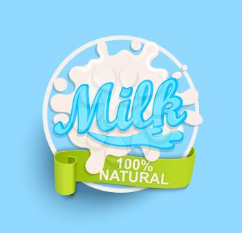 Milk label splash. Blot and lettering with ribbon on blue background. Splash and blot design.