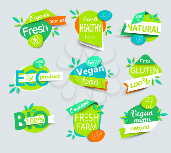 Modern vector set of healthy organic food labels, tags, emblems, logo for meal and drink,cafe, restaurants and organic products packaging.Vector illustration.