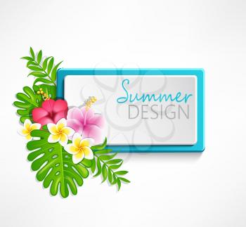 Summer blue frame with tropical flowers, vector illustration.