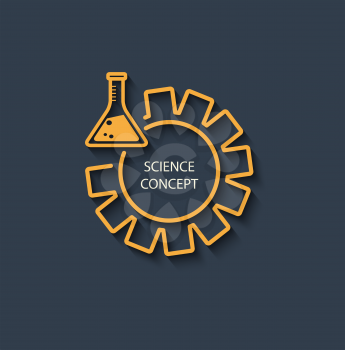 Icon for a science concept. Logo science - the yellow test tube with a gear on a dark gray background, flat design.
