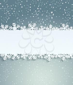 Christmas background with white snowflakes and frame with inscription. Vector.