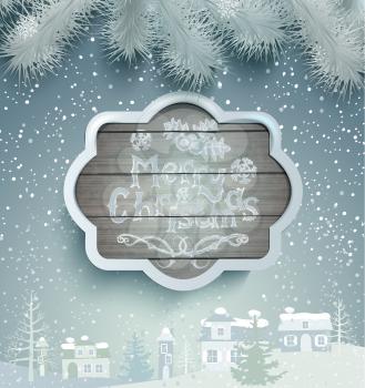 Vector Christmas greeting card - holidays lettering in a gray wooden frame against the snow-covered village, vector.