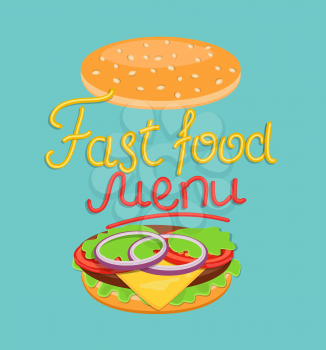 Word fast food menu - made up of yellow and red sauce with burger, vector Eps10 illustration.