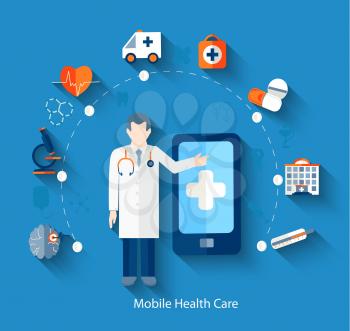 Set of flat design concept icons for web and mobile phone. Medical concept, infographic in flat style with doctor and long shadow, vector.