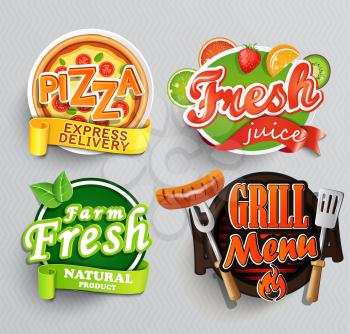 Set of stickers for food farm fresh,pizza, fresh juice and grill. Vector.