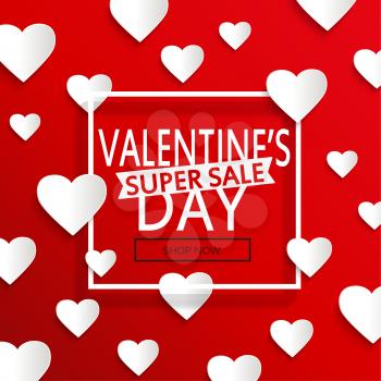 Valentines day super sale background, poster template. Red abstract background with hearts ornaments. February 14.Vector.