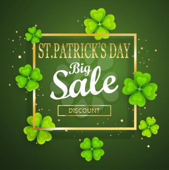 St.Patrick's day big sale background, poster template.Green abstract background with clovers leaves ornaments.March 17.Vector illustration.
