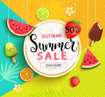 Summer geometric sale with fruits. Vector illustration.