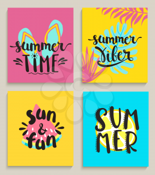 Four bright summer cards on colour background with watermelon, lemon, tropical leaves and slippers. Fun quote design logo or label. Vector illustration.
