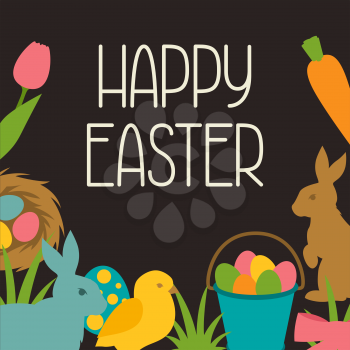 Happy Easter greeting card with decorative objects. Concept can be used for holiday invitations and posters.