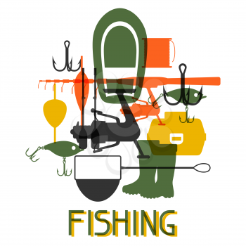 Background with fishing supplies. Design for flayers, covers, brochures and advertising booklets.