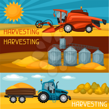 Set of harvesting banners. Combine harvester, tractor and granary. Agricultural illustration farm rural landscape.