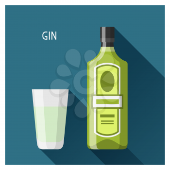 Bottle and glass of gin in flat design style.
