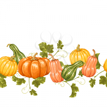Seamless border with pumpkins. Decorative ornament from vegetables and leaves.