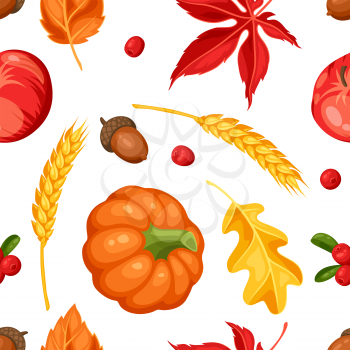 Thanksgiving Day or autumn seamless pattern. Ornament with vegetables and leaves.