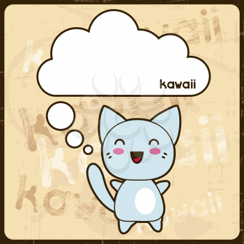 Kawaii card with cute cat on the grunge background.