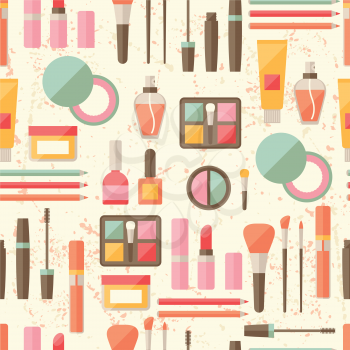 Seamless grunge background with cosmetics flat icons.