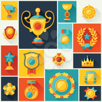 Background with trophy and awards in flat design style.