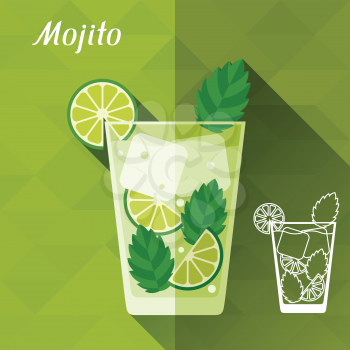 Illustration with glass of mojito in flat design style.