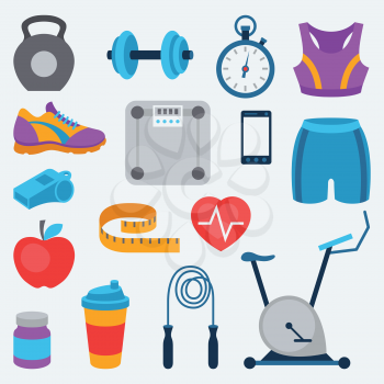 Sports and fitness icons set in flat style.