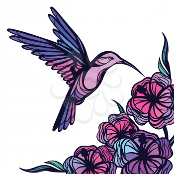 Flying tropical hummingbird on white background with flowers.