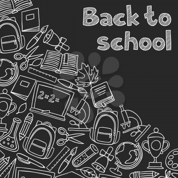 Back to school background with hand drawn icons on chalk board.