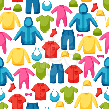 Baby clothes. Seamless pattern with clothing items for newborns and children.