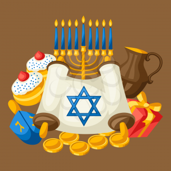 Jewish Hanukkah celebration card with holiday objects.