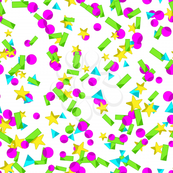 Seamless pattern with colourful sparlking confetti. Bright abstract holiday background.