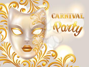 Carnival invitation card with venetian mask decorated golden ornaments. Celebration party background.