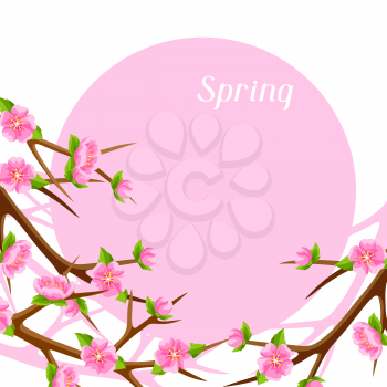 Spring card with branches of tree and sakura flowers. Seasonal illustration.