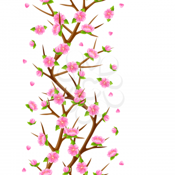Spring seamless pattern with branches of tree and sakura flowers. Seasonal illustration.