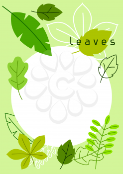 Natural card with stylized green leaves. Spring or summer foliage.