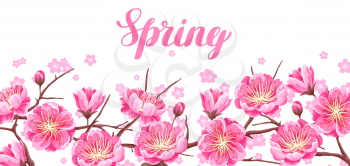 Spring banner with sakura or cherry blossom. Floral japanese ornament of blooming flowers.