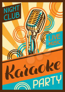 Karaoke party poster. Music event banner. Illustration with microphone in retro style.