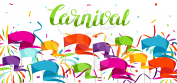 Carnival party banner with colorful flags, streamers and confetti.