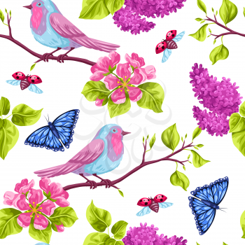 Spring garden seamless pattern. Natural illustration with blossom flower, robin birdie and butterfly.