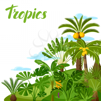 Background with tropical palm trees. Exotic tropical plants Illustration of jungle nature.