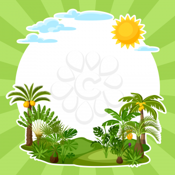 Background with tropical palm trees. Exotic tropical plants Illustration of jungle nature.