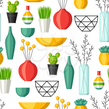 Home decoration vases, flower pots, succulents and cacti. Interior seamless pattern.