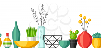 Home decoration vases, flower pots, succulents and cacti. Interior seamless pattern.