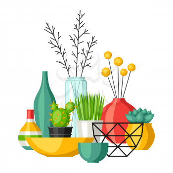 Home decoration vases flower pots, succulents and cacti. Interior illustration.
