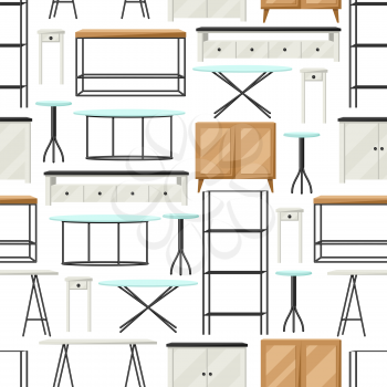 Interior and furniture pattern. Shelving with shelves, cupboards and tables.
