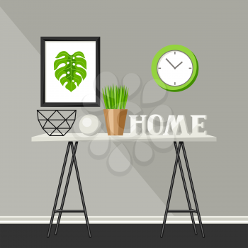 Interior home decor. Table with vases and picture. Illustration in flat style.