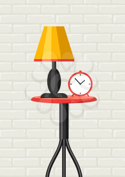 Interior home decor. Table, lamp and clock. Illustration in flat style.