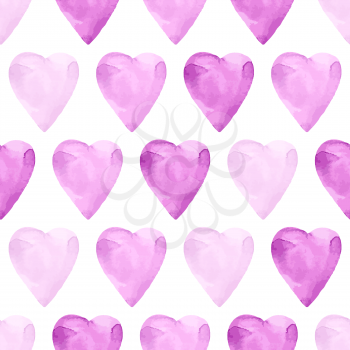 Aquarelle violet seamless pattern with hearts. Watercolor background.
