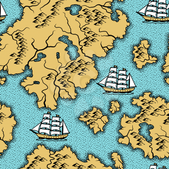 Seamless pattern with old nautical map. Islands, ships and ocean.