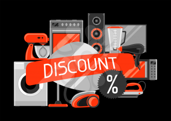 Discount background with home appliances. Household items for shopping and advertising flyer.